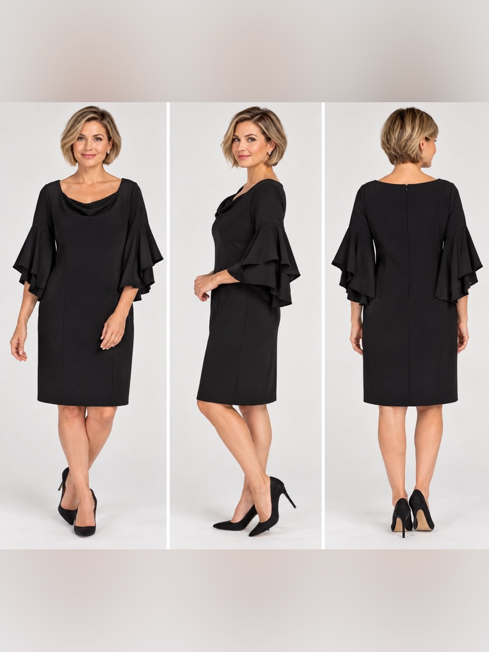 R&M Richards Black Midi Dress with Layered Ruffle Sleeves